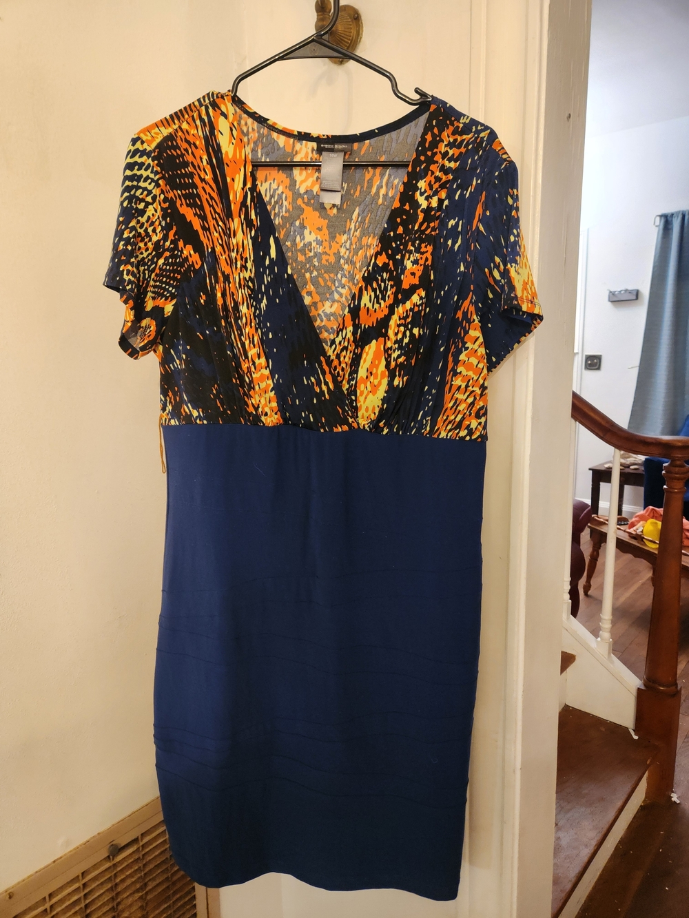 Blue and Orange V-Neck Women's Dress